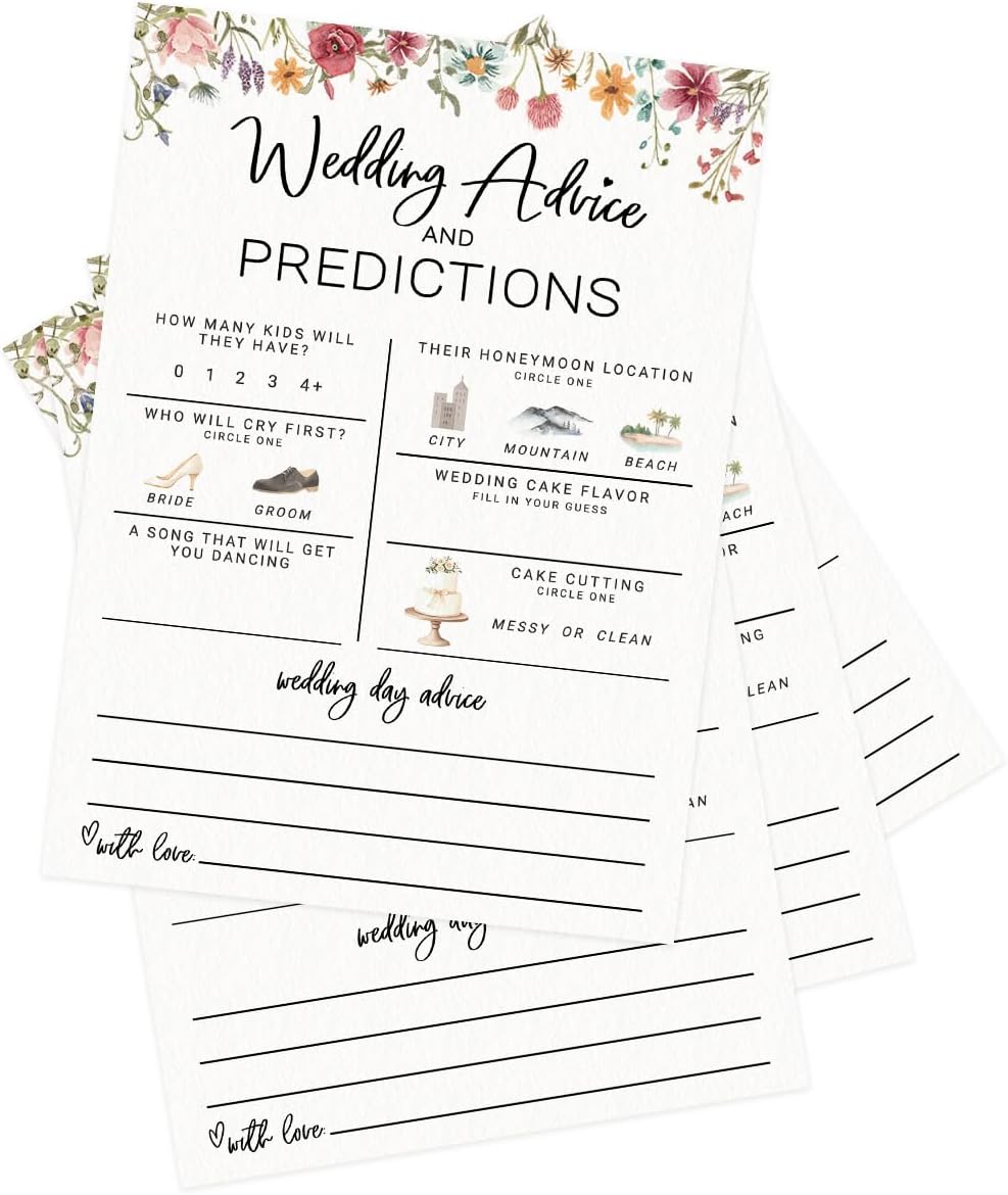 Printed Party Bridal Shower Game – Wedding Prediction Cards for Guests, Fun Advice and Guessing Activity, Wildflower in Bloom Theme, Set of 30