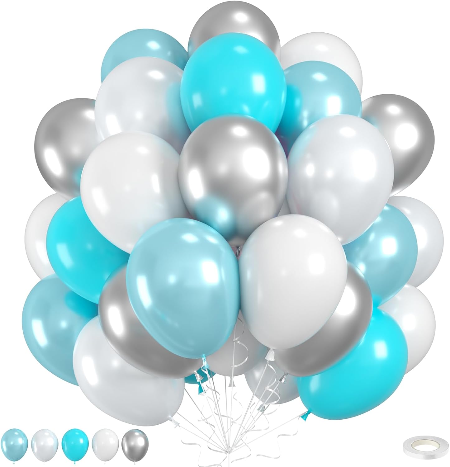 Double Stuffed Teal Balloons, 60pcs Teal Blue Silver Balloons, Pearl White Balloon For Girls Women Lady Birthday Baby Shower Party Wedding Bridal Shower Bachelorette Anniversary Engagement Decorations