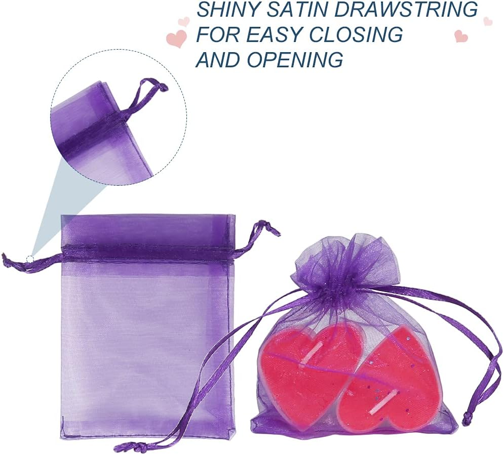 YQL Organza Bags 3x4 Inch,100PCS Purple Mini Drawstring Organza Jewelry Pouches Wedding Party Valentine Gift Mesh Candy Bag