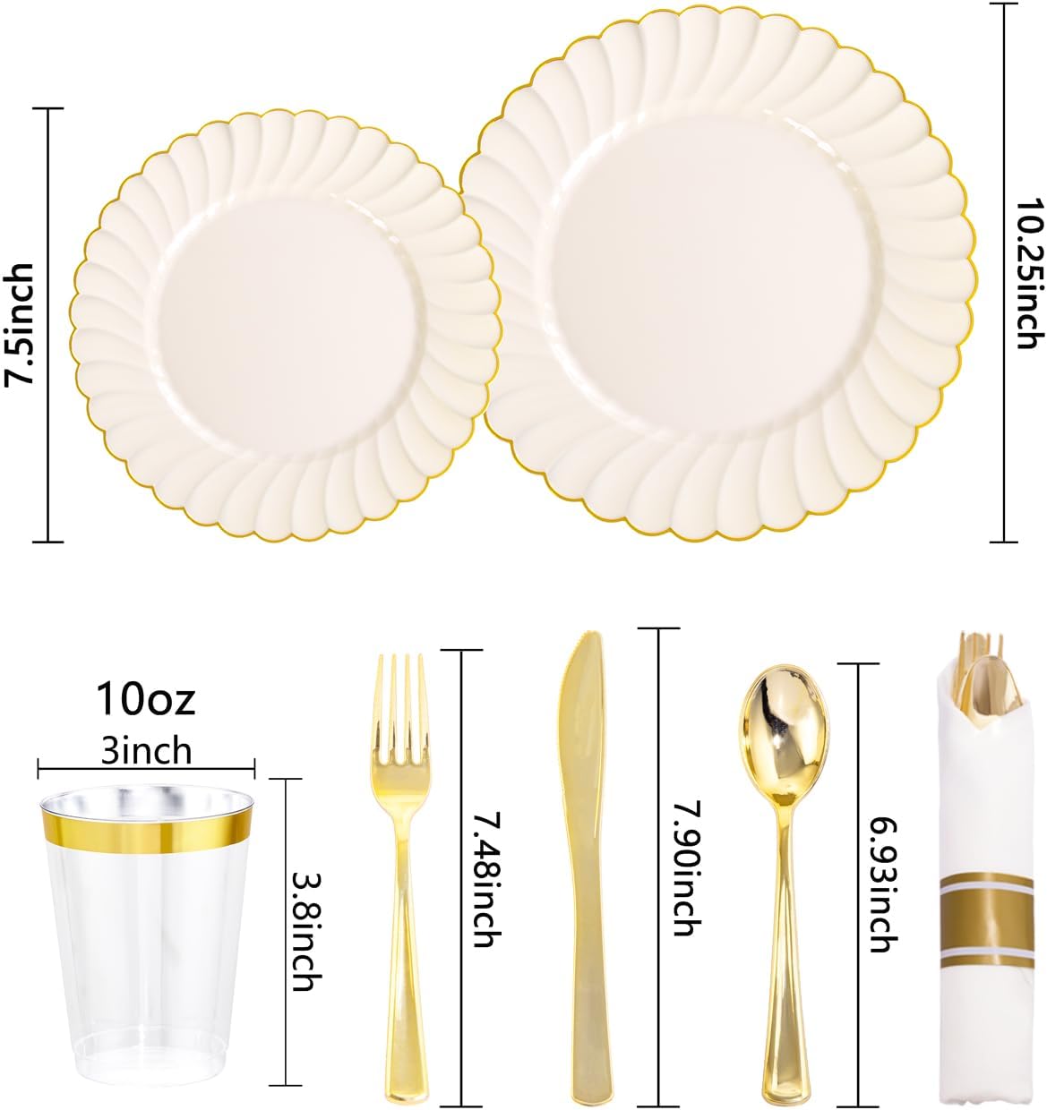 YOUBET 350PCS Ivory Scalloped Plastic Plates - Ivory and Gold Disposable Dinnerware Set Include 100 Plates, 150 Gold Silverware, 50 Cups, 50 Napkins for Wedding & Party & Thanksgiving