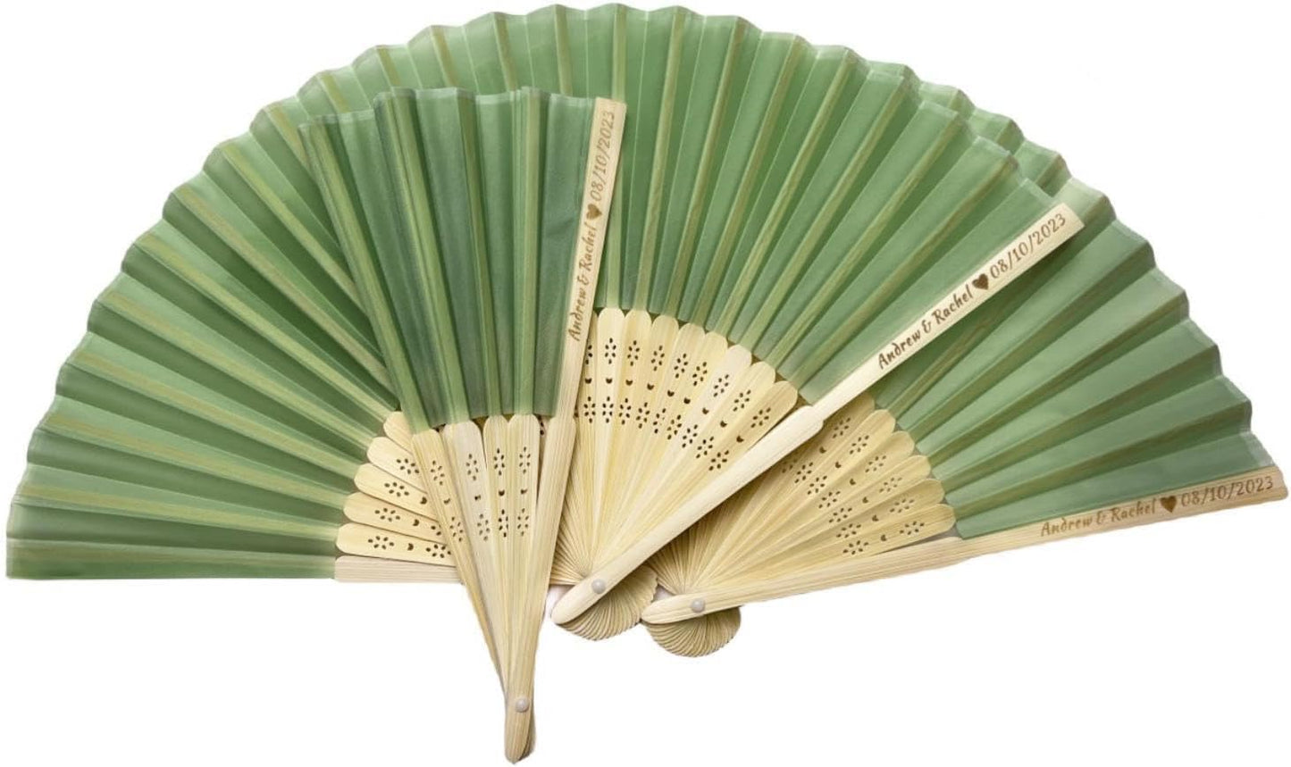 Personalized Wedding Fans Handheld Folding Fans (150Pcs) - Custom Engraved Green Silk Fans for Bridal Shower Favor/Baby Shower Favor, Birthdays Party Gifts/Gifts for Party Guests