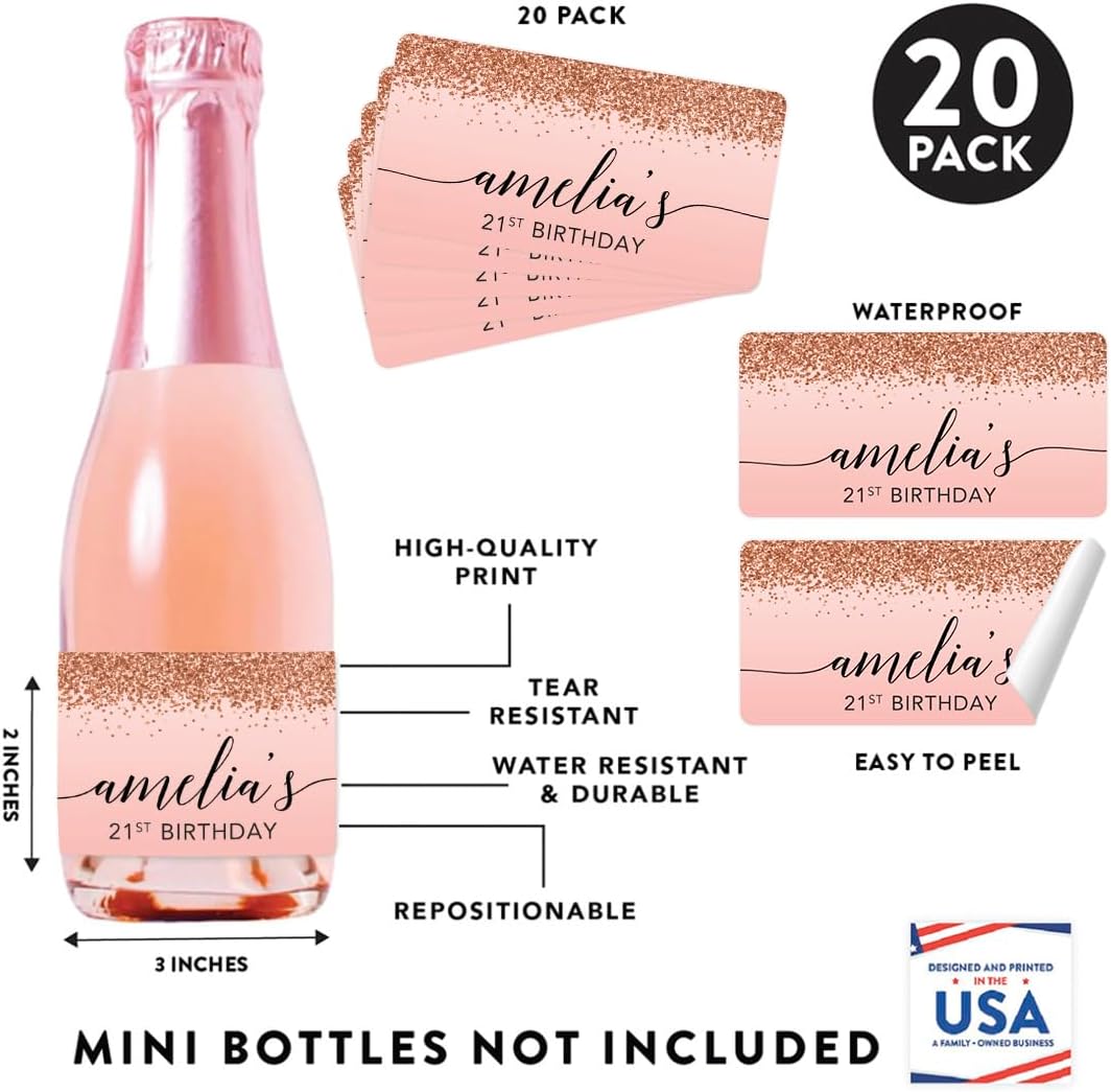 Andaz Press Personalized Mini Champagne Wine Bottle Labels, Birthday Blush Pink Faux Rose Gold Glitter Elegant, 20-Pack, Custom Champagne Bottle Labels 21St Birthday Wine Bottle Labels Birthday Labels