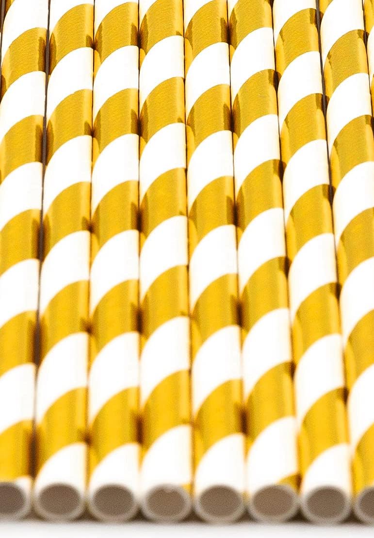 Pack of 900 Gold Foil Swirls Biodegradable 4-Ply Paper Drinking Straws (Compostable, Non-toxic, BPA-free)