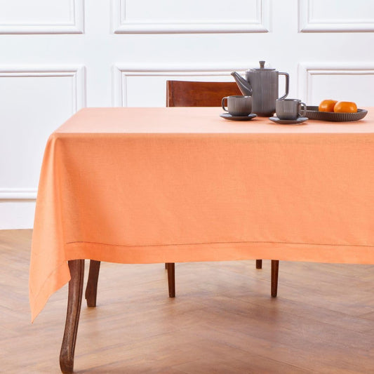 Solino Home Linen Tablecloth for Rectangle Tables 60 x 120 Inch - Classic Hemstitch 100% Pure Linen Coral Table Cloth - Machine Washable Cloth Tablecloth