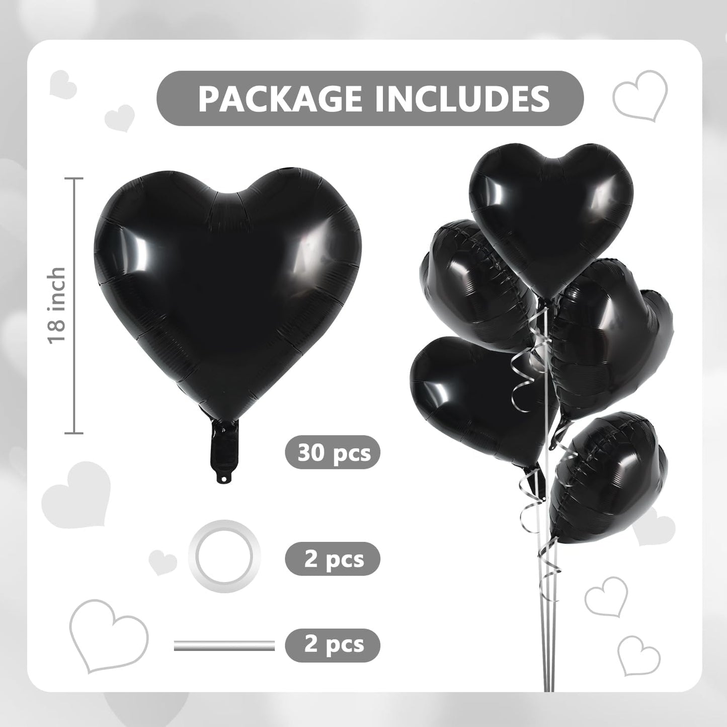 TONIFUL 30Pcs 18 Inch Black Heart Balloons Black Heart Shape Foil Mylar Balloons Decoration for Birthday Valentine's Day Wedding Bridal Shower Anniversary Engagement Party Supplies