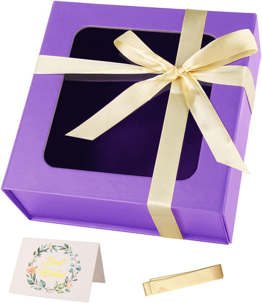TIACABO Purple Gift Box with Window,7.5"x7.5"x3.1" Bridesmaid Boxe for Gifts Giving,Birthday Gift Boxes with Magnetic,Closure Lid Gifts Boxes for Presents,Cute Box,Luxury for Gift Packaging