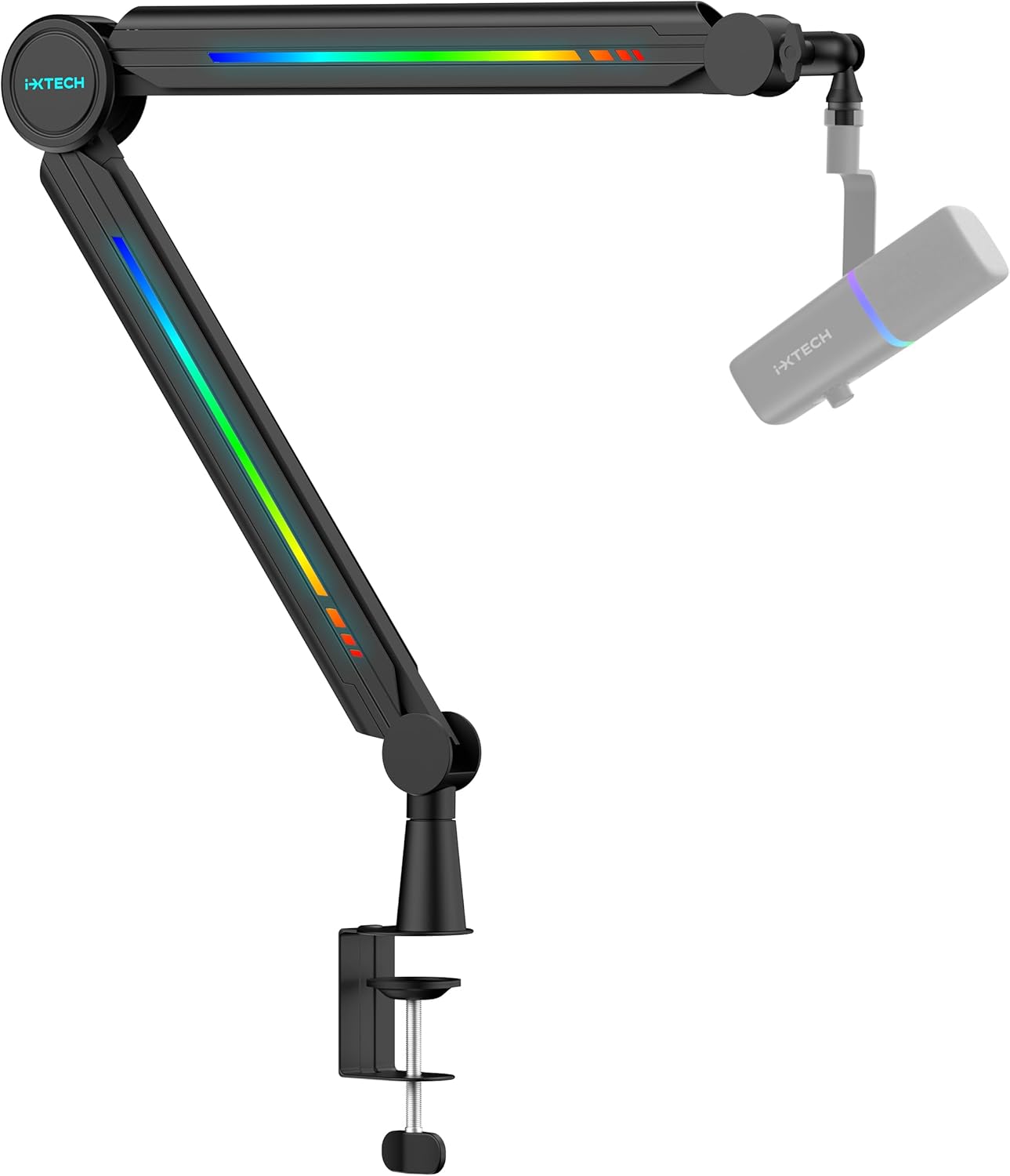 IXTECH RGB Mic Boom Arm High Profile, Overhead Boom Arm Microphone Stand Desk Mount, Adjustable Microphone Stand with Desk Mount, Mic Arm for Live Streaming Gaming Podcasting Recording.