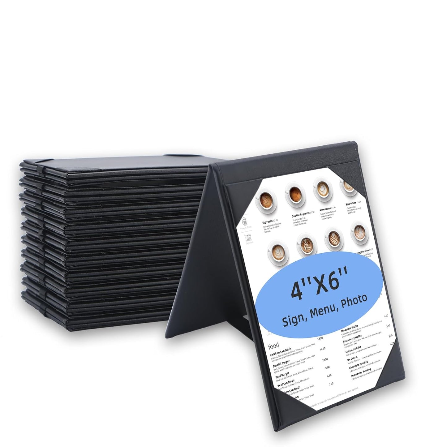 Menu Covers - Set of 10 Double-Sided Table Tent Cards for Restaurant, Dinner Party, and Bar Menus - Includes Bill Holder and Reserved Seating Signs - Easy to Clean and Foldable (20, 4"x6")