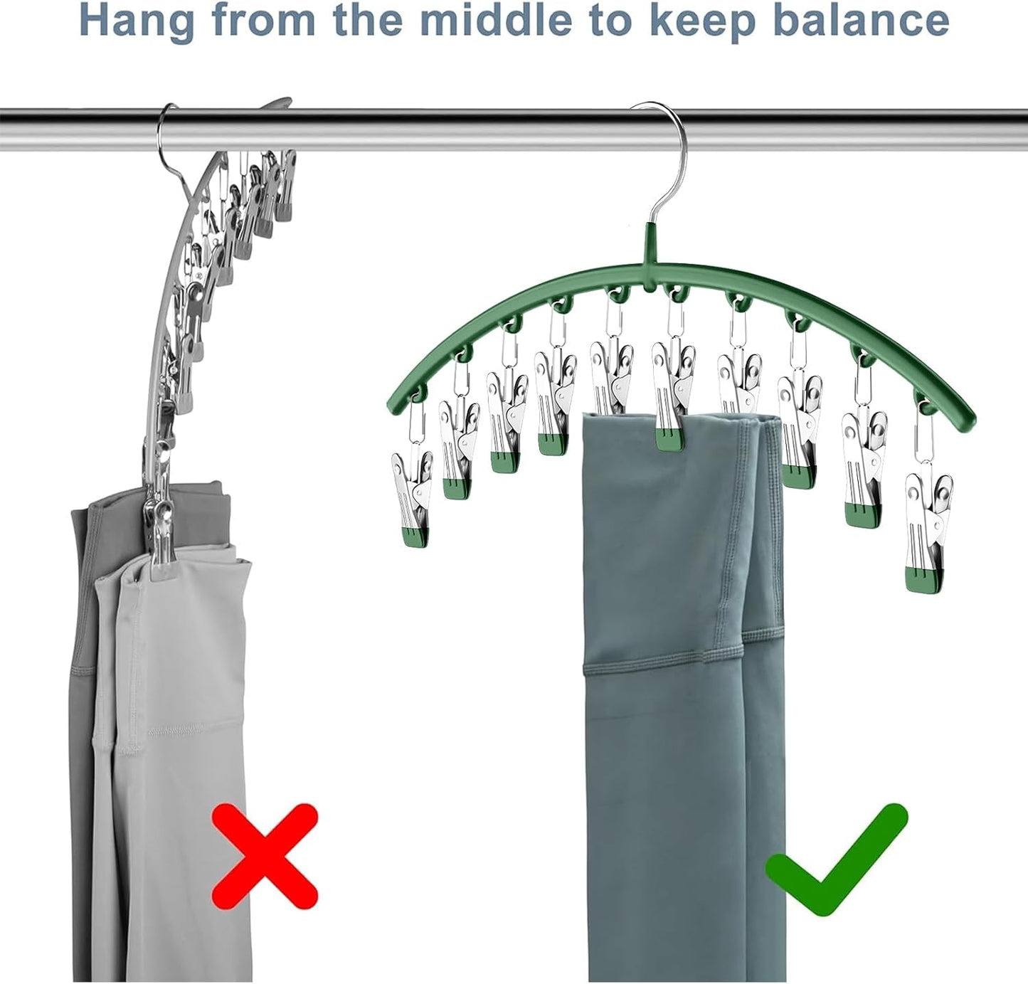 Legging Organizer for Closet, Metal Yoga Pants Hangers 1 Pack w/10 Clips Holds 10 Leggings, Space Saving Hanging w/Rubber Coated Closet Organizers and Storage, Green