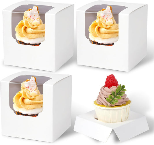 JCD 70pcs Cupcake Boxes, 3.5inches Auto-Pop up Single Individual Pre-Assembled White Cake Boxes with Window and Inserts Single Cupcake Containers for Birthdays, Wedding(White/70Pcs)