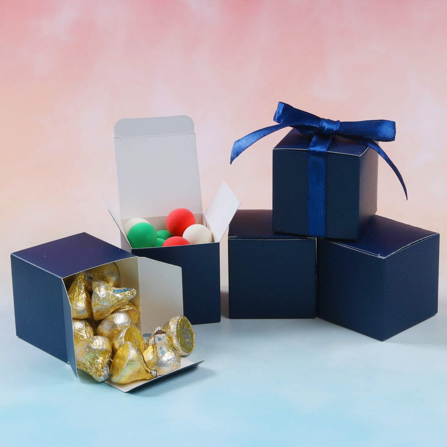 COTOPHER 100pcs Wedding Favor Boxes, Paper Gift Boxes 3x3x3 Inches Small Gift Boxes with Ribbons Small Boxes for Gifts, Crafting, Cupcake, Candy, Bridesmaid Proposal Boxes，Easy Assemble Boxes(Navy)