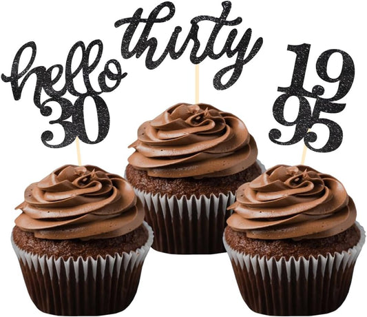 24 Pcs Black Glitter 30th Birthday Cupcake Toppers for 30th Anniversary Birthday Party Wedding Party Decorations