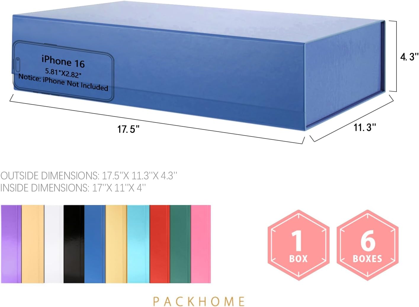 PACKHOME 6 Extra Large Gift Boxes 17.5x11.3x4.3 Inches, Sturdy Shirt Boxes with Magnetic Lids for Clothes and Large Gifts (Glossy Blue)