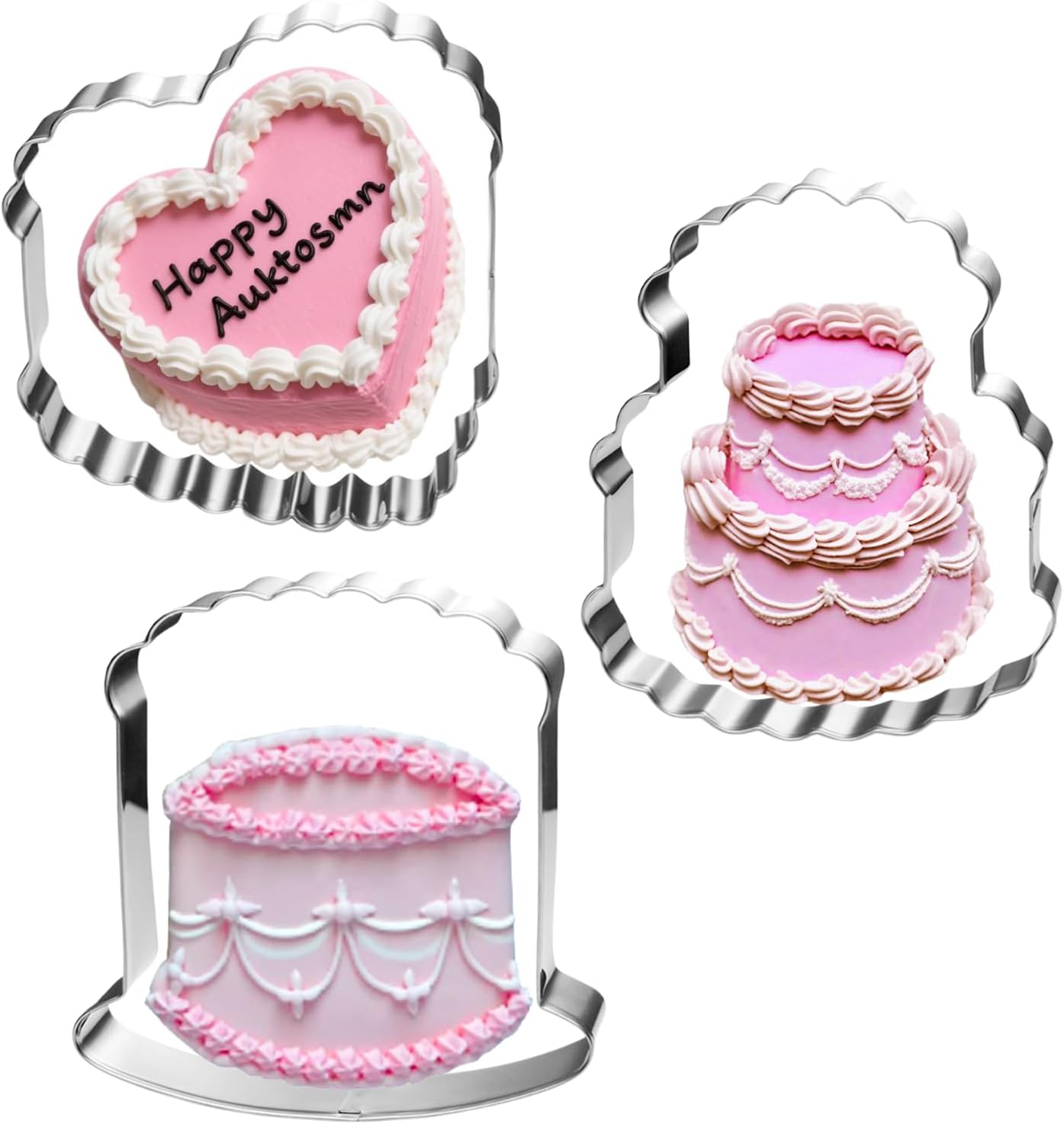 Vintage Cake Cookie Cutters Set - 3-Piece - 3.7 Inch - Stainless Steel - Dishwasher Safe - Perfect for Birthday, Wedding, Christmas, and Holiday Cookies (Heart, Scallop Designs)