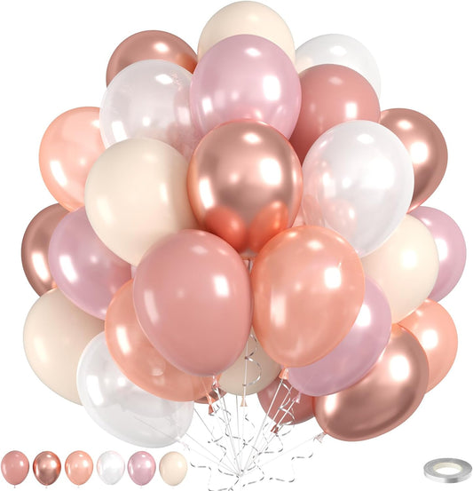 Dusty Pink Balloons, 60pcs Blush Pink Balloons, Double Stuffed Beige Balloon Pearl White Metallic Rose Gold Balloon For Girls Women Lady Birthday Baby Shower Party Wedding Bridal Shower Anniversary