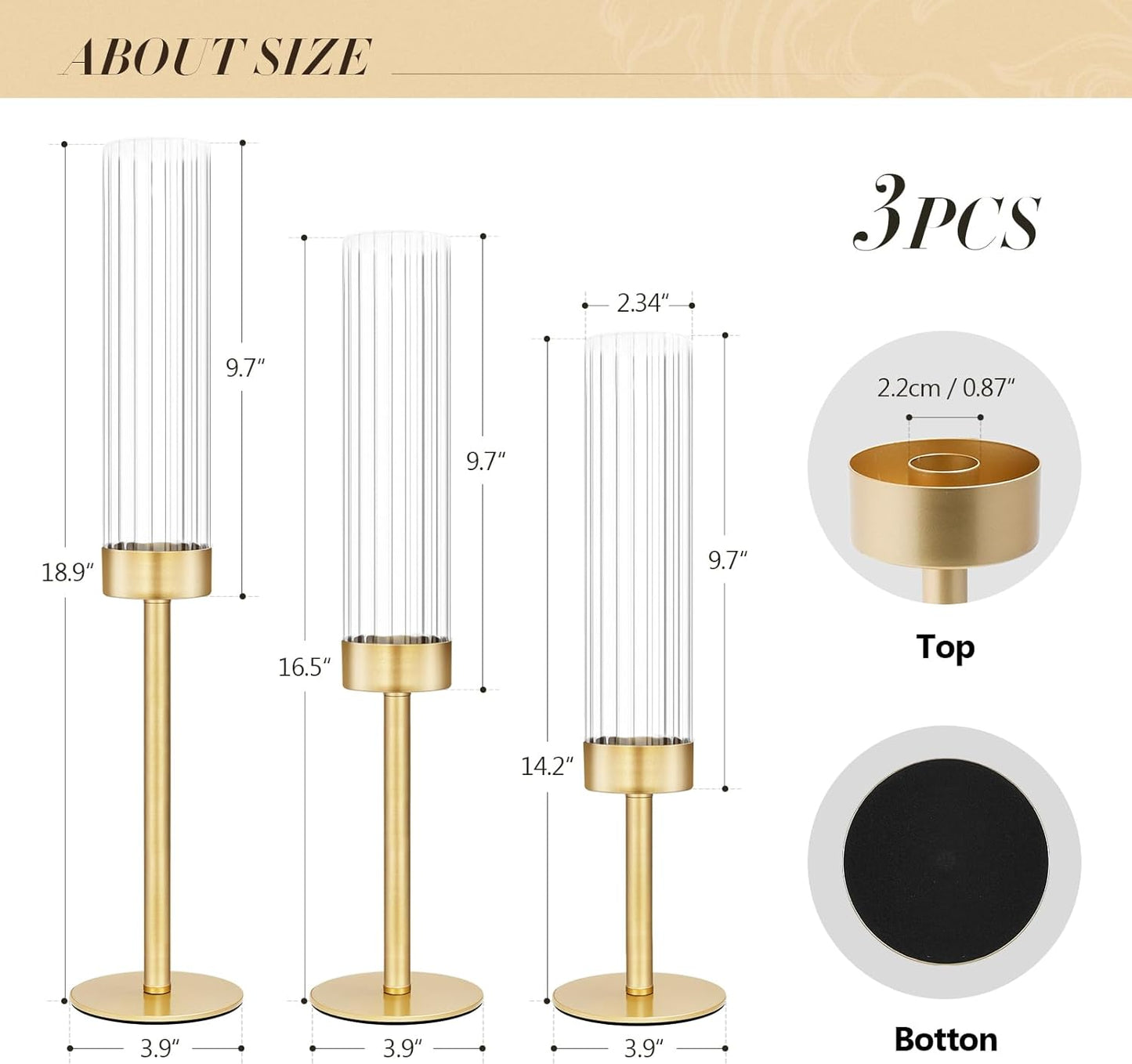 Glass Hurricane Candlestick Holders Gold, KSWING Set of 3 Taper Candle Holders Brass Tall Clear Candle Stand Holders, Perfect for Table Centerpiece Party Wedding Christmas Home Decor