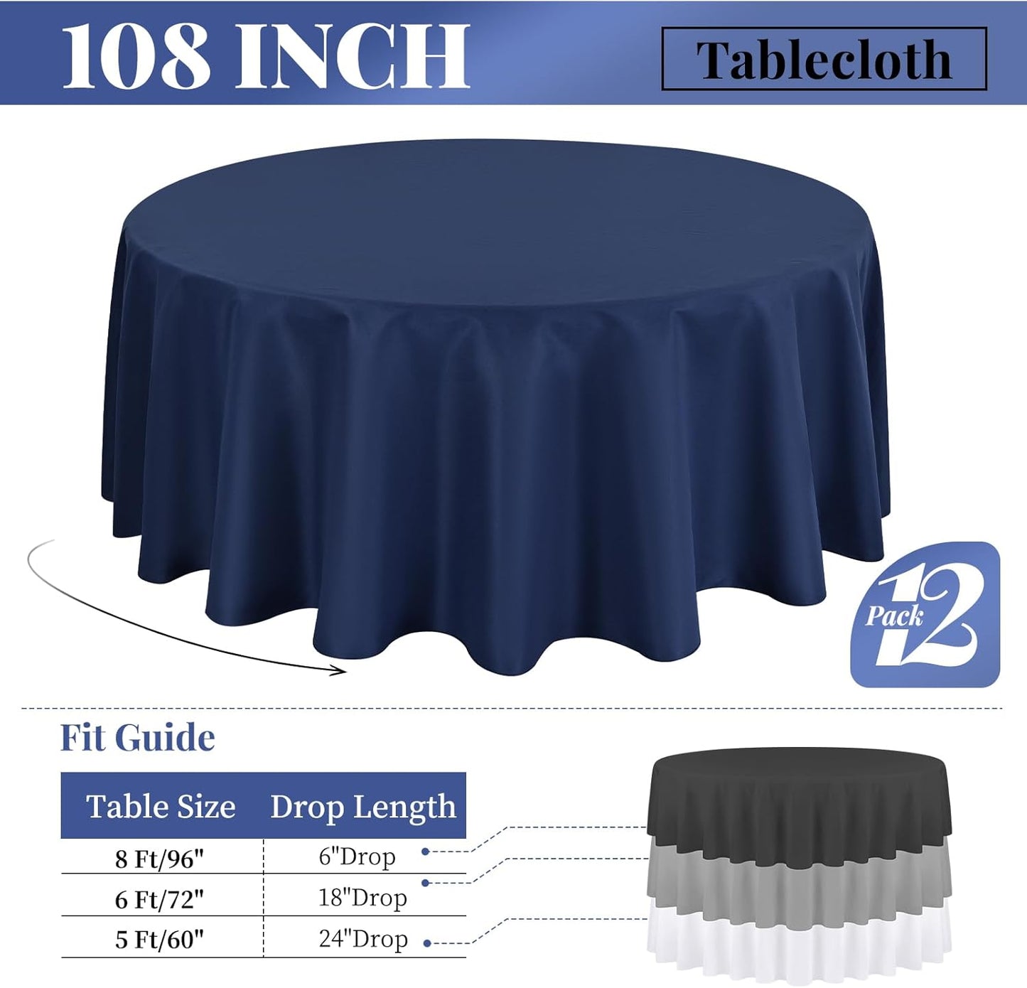 12 Pack 108 Inch Round Tablecloth, Navy Blue Polyester Table Cloth for Round Table, Fabric Washable TableCover for Wedding Party Dining TableBuffet Banquet Restaurant and Camping
