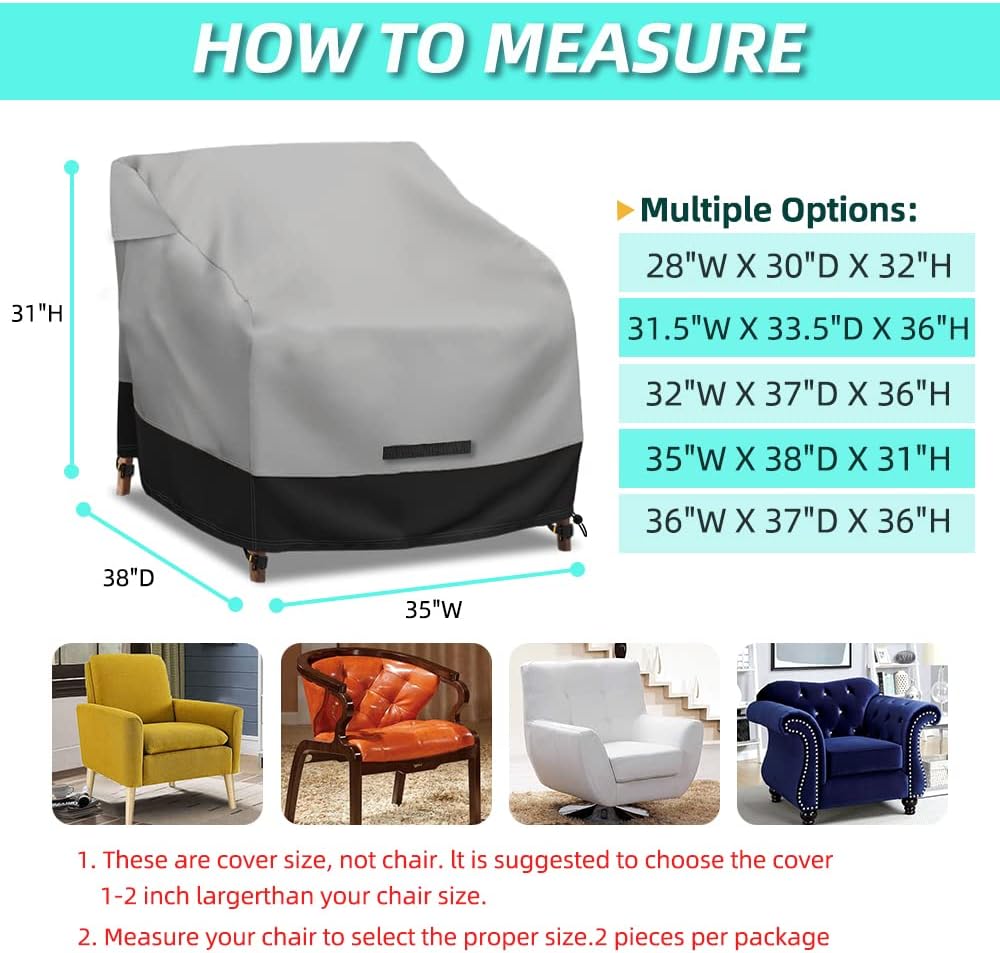 Patio Swivel Chair Cover Waterproof 2 Pack, 600D Heavy Duty Outdoor Furniture Covers for Universal Lawn/Deck/Garden/Backyard Fits up 35" W*38" D*31" H, Gray/Black