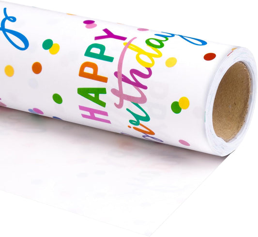 LeZakaa Birthday Wrapping Paper Roll, Happy Birthday Lettering & Colored Polka Dots Design in White for Holiday, Party, Baby Shower, 17 inches x 32.8 Feet (46.45 sq.ft.)