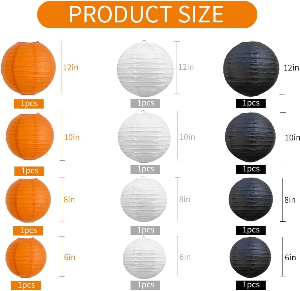 BEISHIDA 12Pcs Orange Black White Paper Lanterns Decorative Chinese/Japanese Hanging Round Paper Lanterns Lamp for Halloween，Birthday, Wedding, Christmas, Bridal,Home Decor, Party Decoration