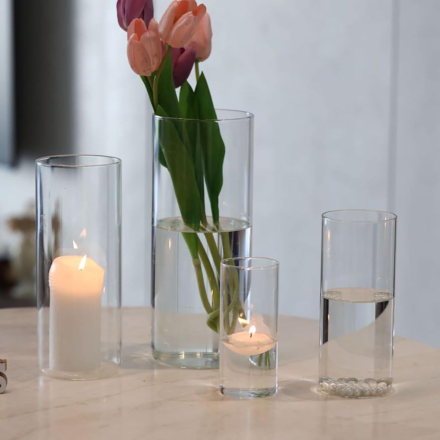 PHOSPHOR 24 PCS Glass Candle Holder - Hurricane & Pillar Candle Holder, Clear Glass Cylinder Vase for Centerpieces, Wedding & Party Decoration