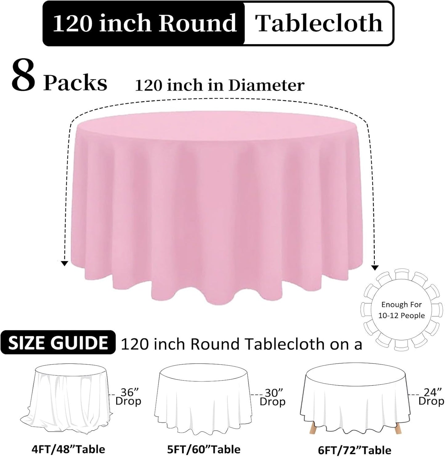 8 Pack Pink Round Tablecloth 120 Inch Stain and Wrinkle Resistant Round Pink Table Cloth Reusable and Washable Polyester Fabric Table Covers for Buffet Wedding Party and Banquet