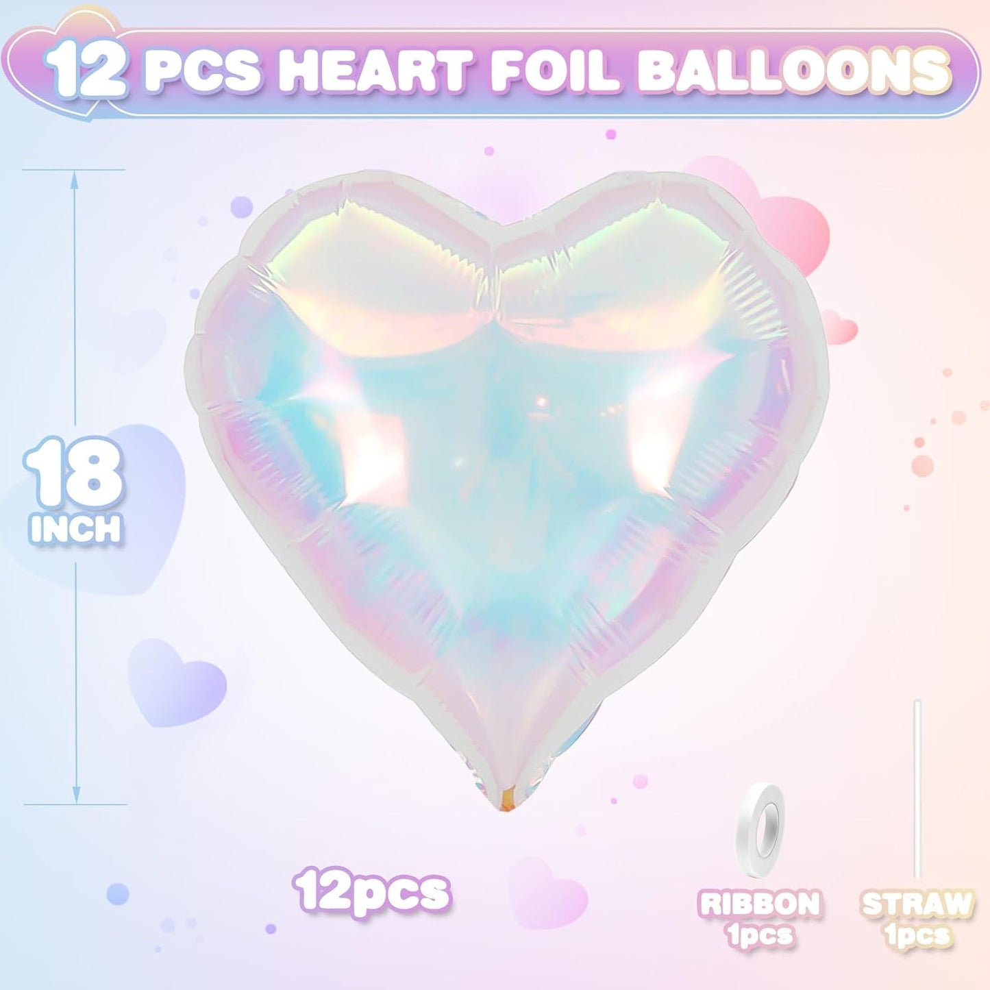 Iridescent Heart Balloons,12Pcs 18Inch Iridescent Heart Shaped Foil Helium Polyester Film Balloons for Baby Shower Birthday Anniversary Wedding Engagement Disco Party Decorations