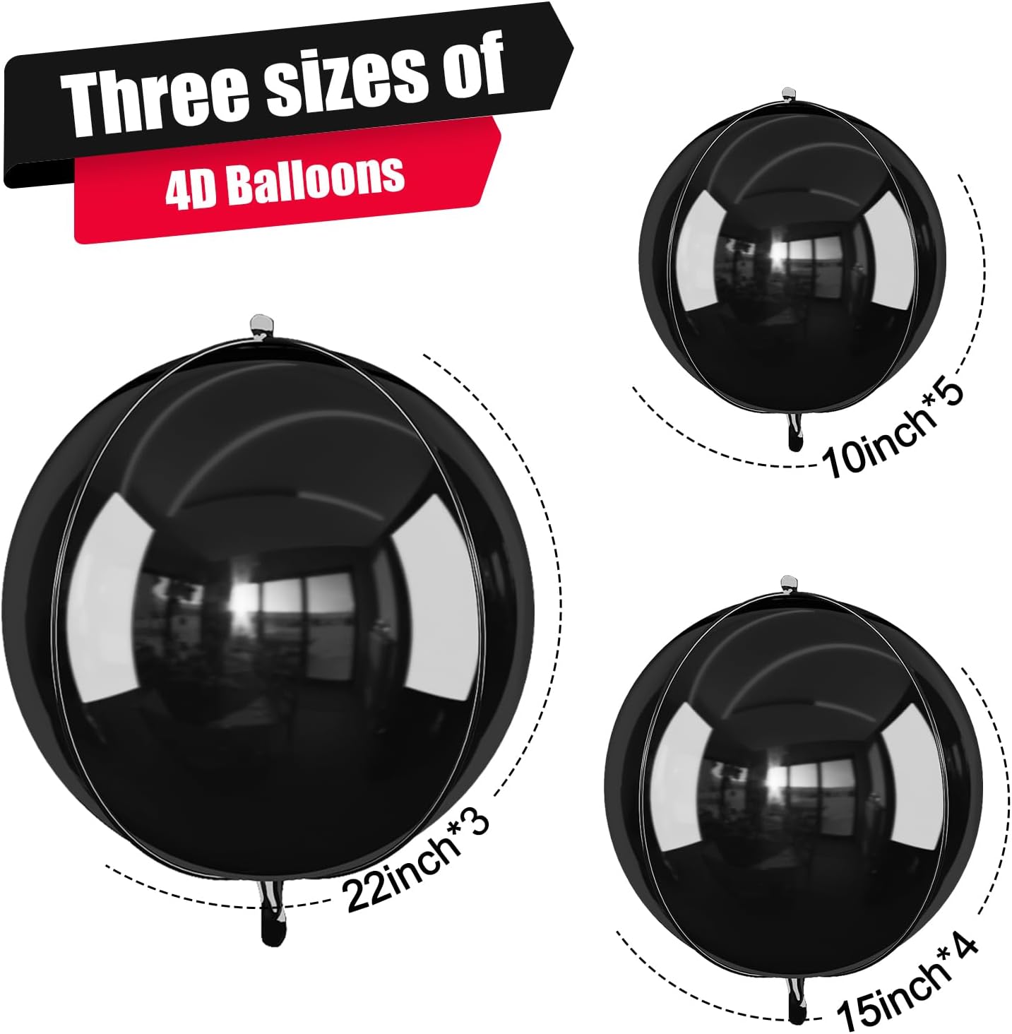 12Pcs Black Round Foil Balloons, 22" 15" 10" Metallic Black 4D Ball Balloons for Birthday Graduation Christmas New Year Eve Halloween Party Backdrop Decorations