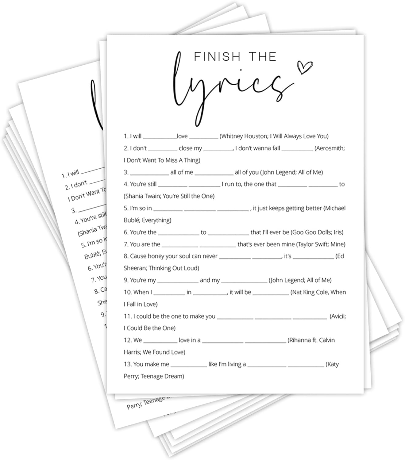 Bridal Shower Games, Finish the Lyrics, 25Pcs Minimalist White Double-Sided Bridal Game Cards with 1 Answer Key, Wedding Shower Games for Guests, Engagement Bachelorette Party Supplies - A09
