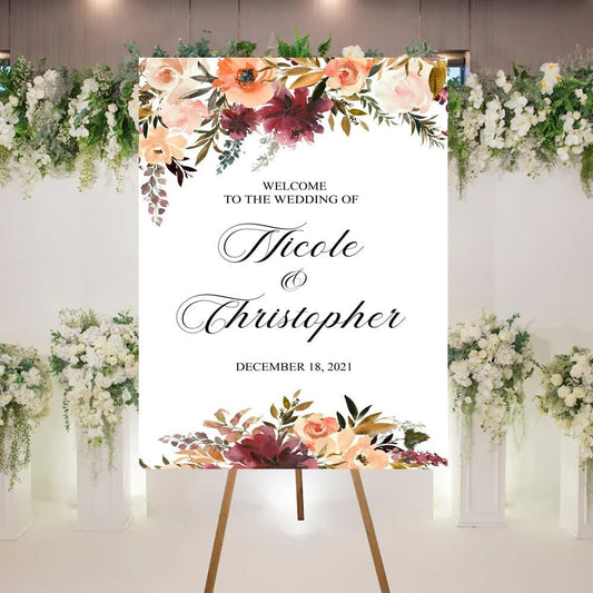Welcome To Our Wedding Sign, Wedding Welcome Sign, Wedding Ceremony Welcome Sign, Floral Wedding Welcome Sign, Romantic Peach Burgundy Flowers Wedding Decor, Customized Wedding Welcome Sign