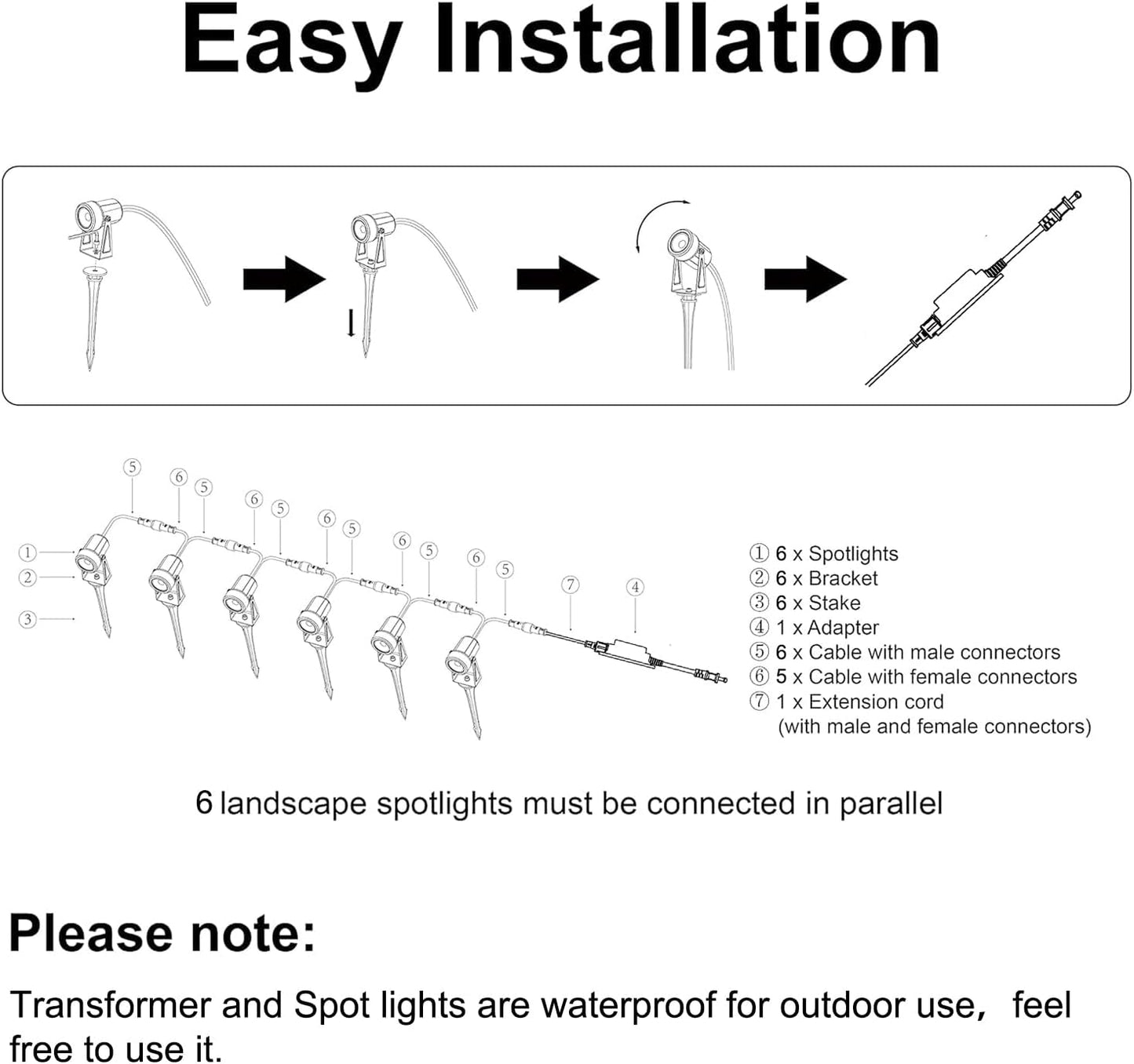 SUNTHIN Outdoor Landscape Lighting, 6 Pack Outdoor Spot Lights with Transformer for Yard, Plant, Lawn, Tree, Flags, House, Garden, Fence Use, IP65 Waterproof & Connectable