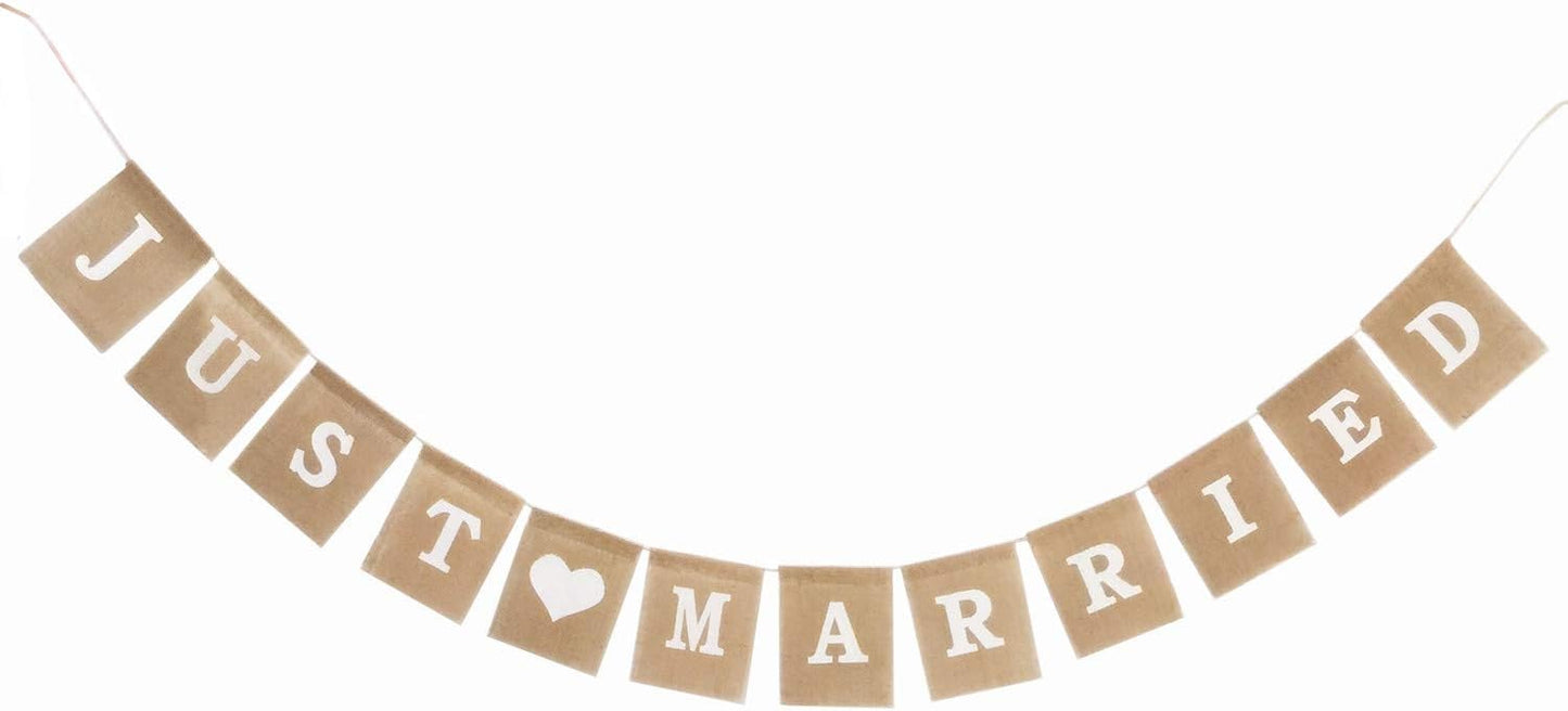 Jute Burlap Just Married Bunting Banner Vintage Hessian Flag for Wedding Party Decoration Favor