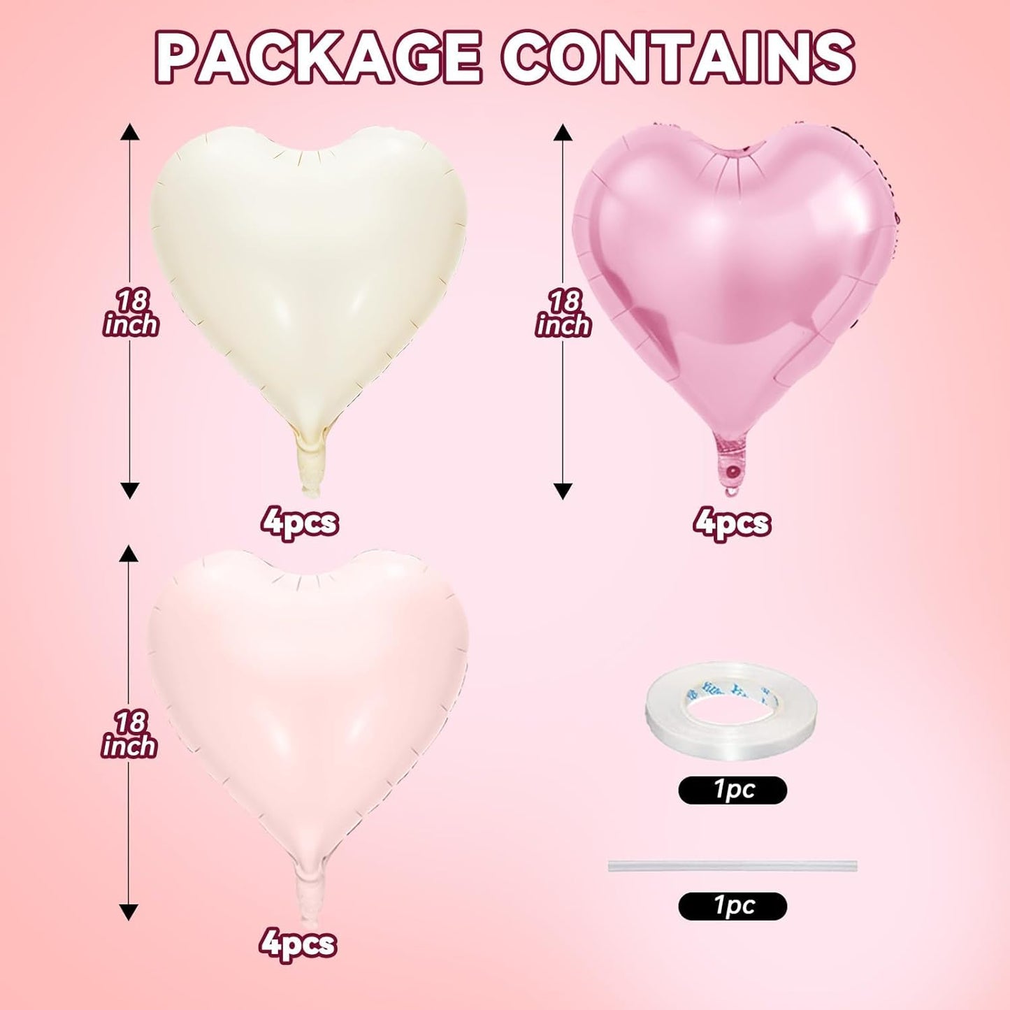 12 Pcs Heart Balloons, 18 inch Pink White Heart Shaped Balloons, Big Foil Helium Balloon, Pink Love Foil Balloon for Wedding Baby Shower Valentine Party Decorations