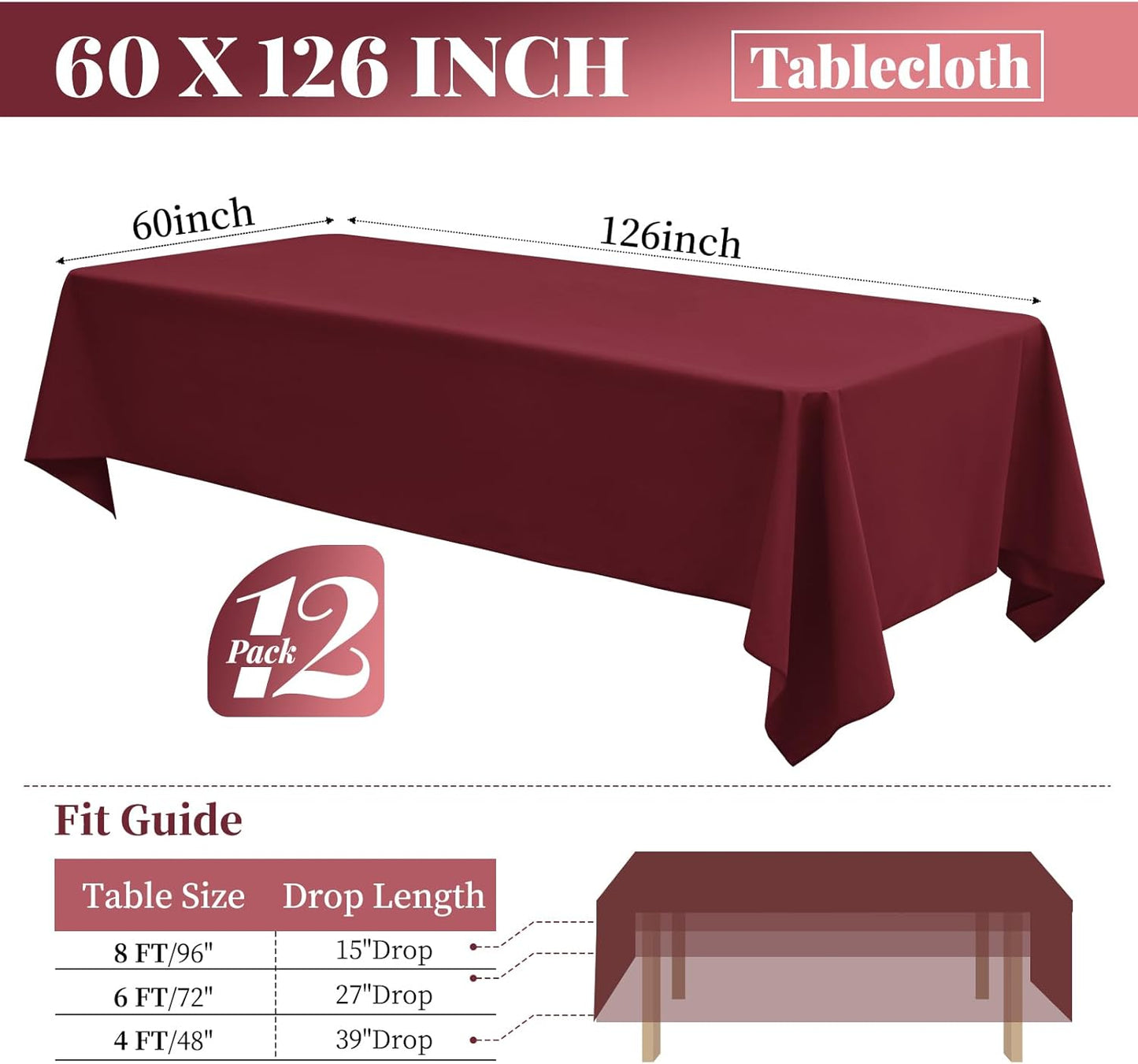 12 Pack 60 x 126 Inch Rectangle Tablecloth Burgundy Polyester Tablecloth for 8 Ft Rectangle Tables, Washable Fabric Table Cloth for Wedding Dining Table Buffet Parties Camping