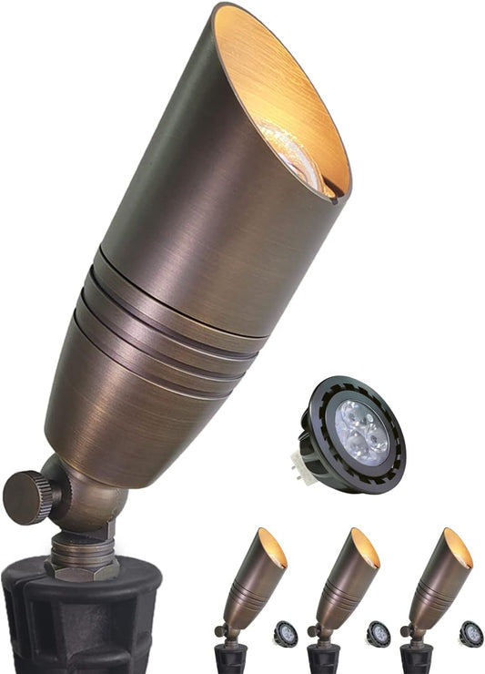 MALORY Brass Landscape Spotlights 4-Pack with Bulb Kit(S02), Low Voltage 12V AC/DC LED Outdoor Spot Uplights for House and Tree,PVC Ground Stake and Wire Connector Included, 5W 2700K Warm White