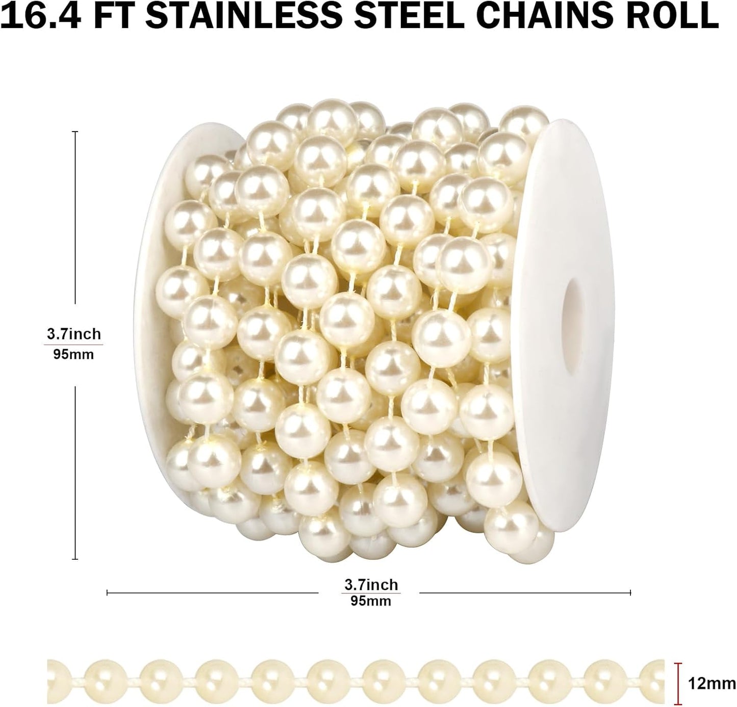 16.4 FT Pearl Beads Garland for Decoration, 12MM Craft Pearl Beads String Spool Ivory Color Faux Pearl Strand Roll for DIY Craft Wedding Party Christmas Tree Decoration