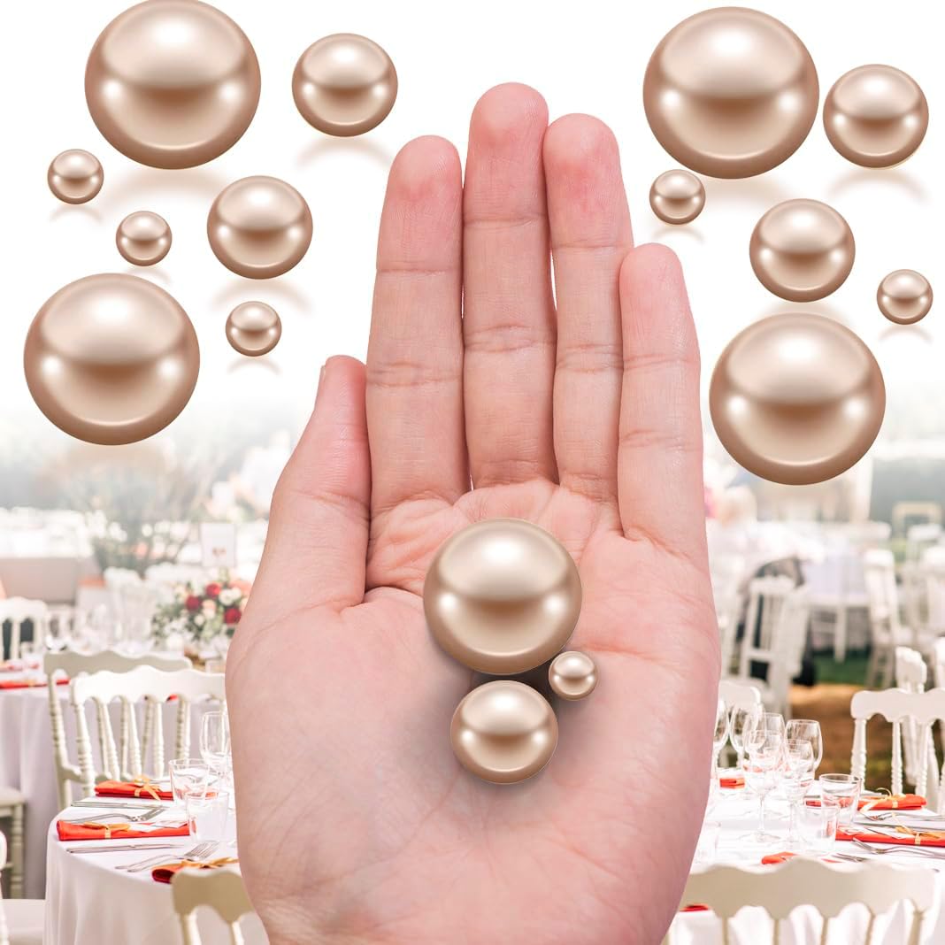 300Pcs Champagne Polished No Hole Faux Pearl Beads for Vase Filling Decorations, Plastic Pearls Vase Fillers, Table Scatters, Wedding Centerpiece, Home Decor, 8/14/20 mm