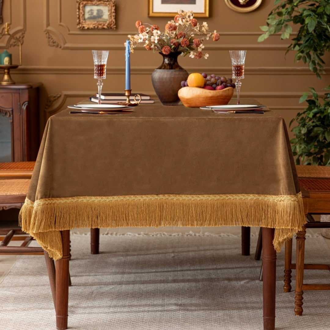 F-CHU Luxury Camel Tablecloth Thickset Velvet Tablecloth with Beautiful Gold Tassels Vintage Table Cloth for Home Decor Wedding, Party, Banquet and Events 60x60-Inch