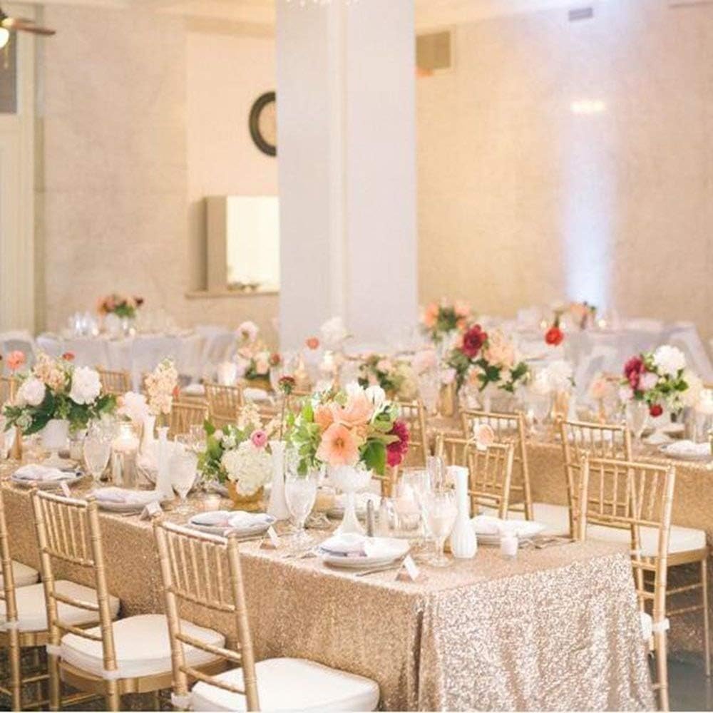 QueenDream Sequin Tablecloth 90"x132" Champagne Blush Party Tablecloth Rectangular Seamless Sequin Table Cloth Glitter Wedding Birthday Bridal Shower Decorations