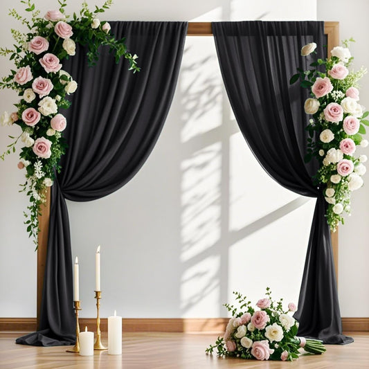 MLMW Wedding Arch Draping Fabric 4 Panels 29" x 20Ft Black Sheer Wedding Arch Backdrop Drapes Outdoor Curtain for Ceremony Party Background Ceiling Decor