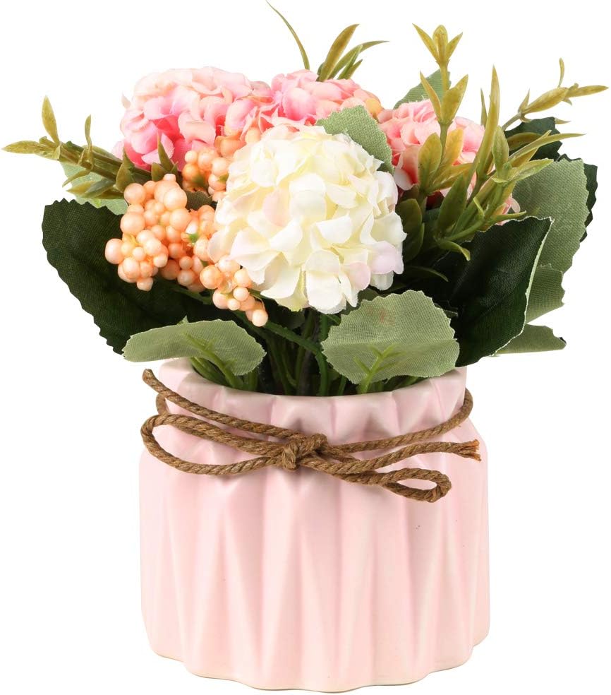 Artificial Hydrangea Bouquet with Small Ceramic Vase Fake Silk Variety Flower Balls Flowers Decoration for Table Home Party Office Wedding (Blue)