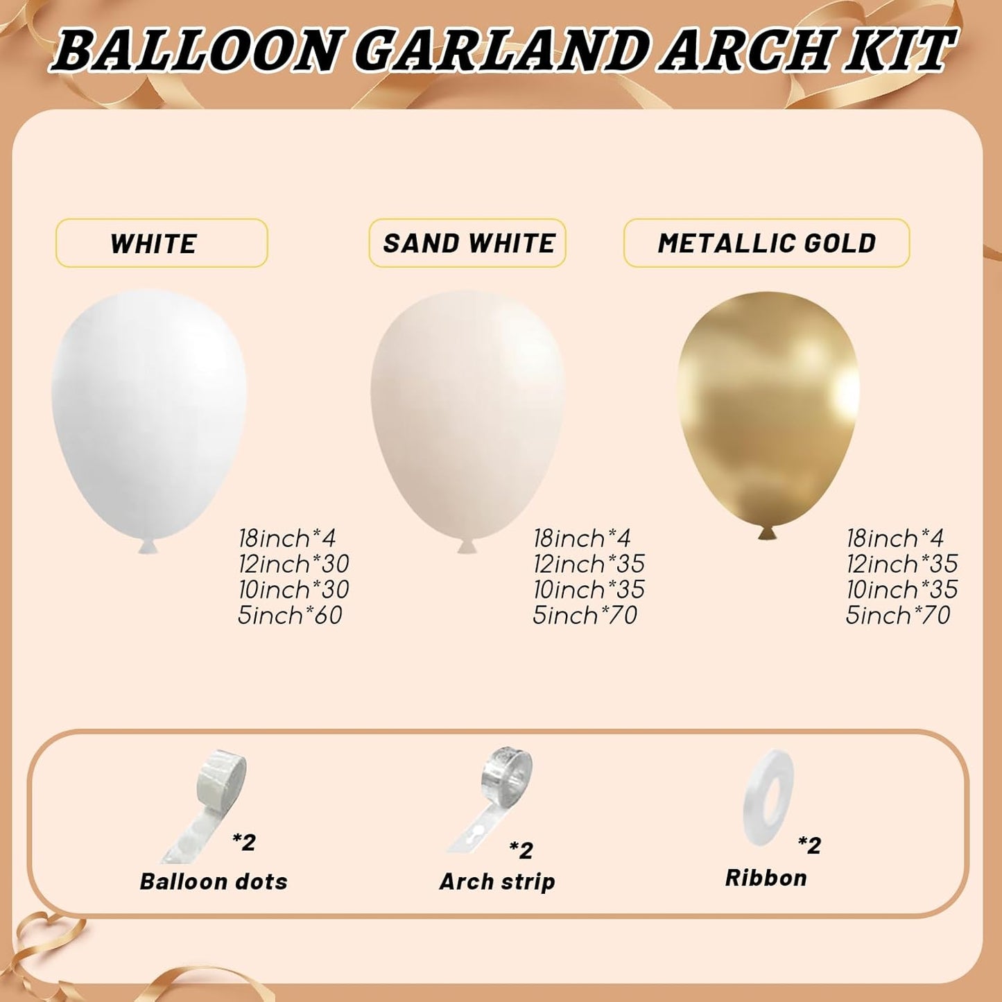 412pcs Sand White Gold Balloon Arch Kit, 18 12 10 5 Inch Different Size White Metallic Gold Latex Balloon for Boho Neutral Baby Shower Wedding Bridal Shower Birthday Decorations