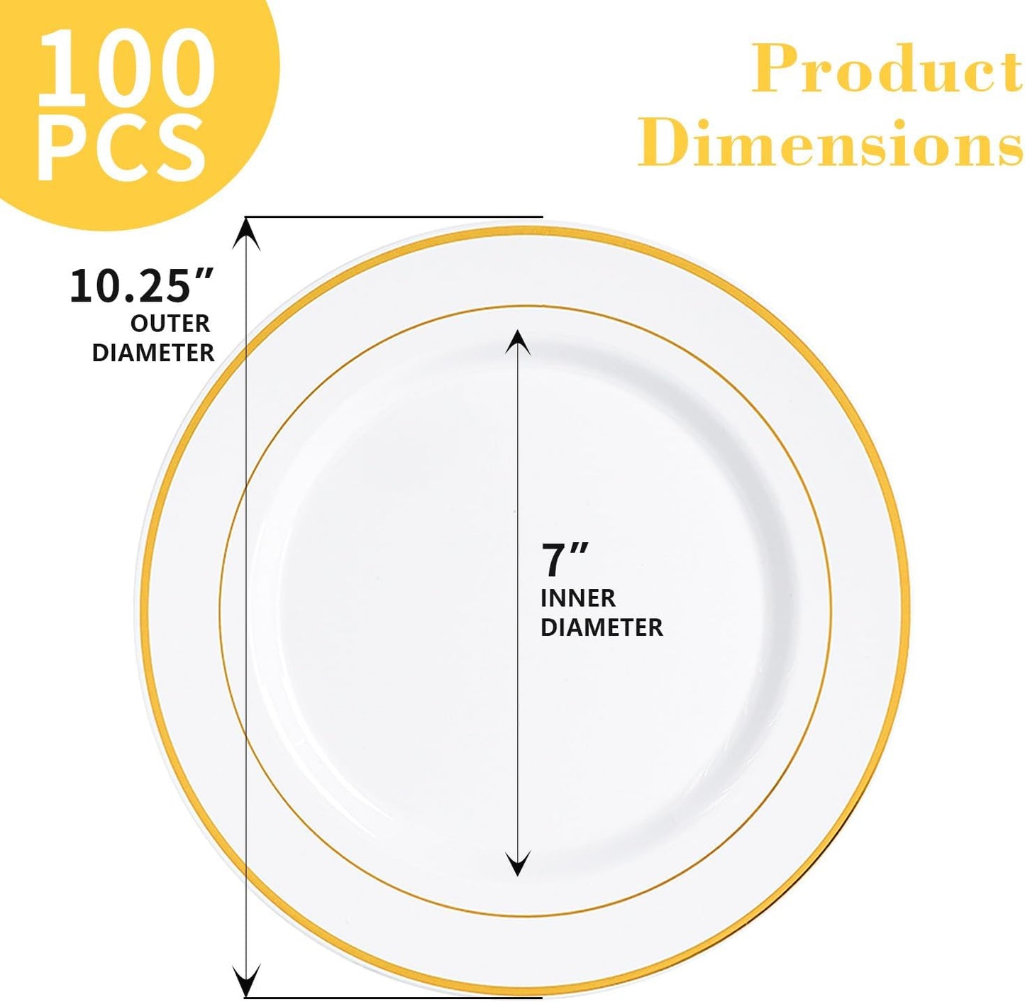 N9R 100PCS Gold Plastic Plates, 10.25 inch White Disposable Dinner Plate with Gold Rim, Heavy Duty Plates for Party Wedding and Birthday