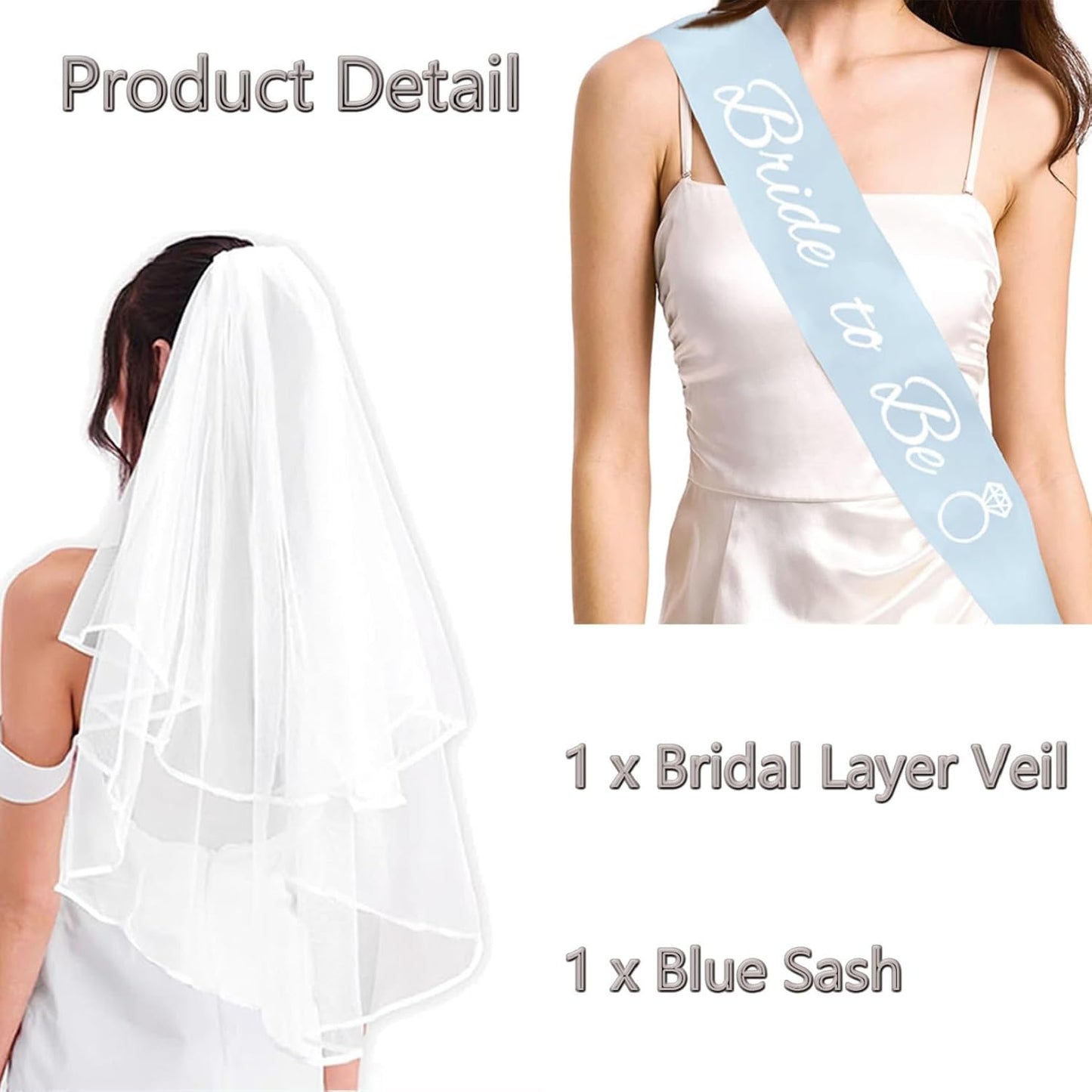 4PCS Bride To Be Sash and Veil, Blue Sash and Bachelorette Veils Accessories for Bridal Shower Engagement Wedding