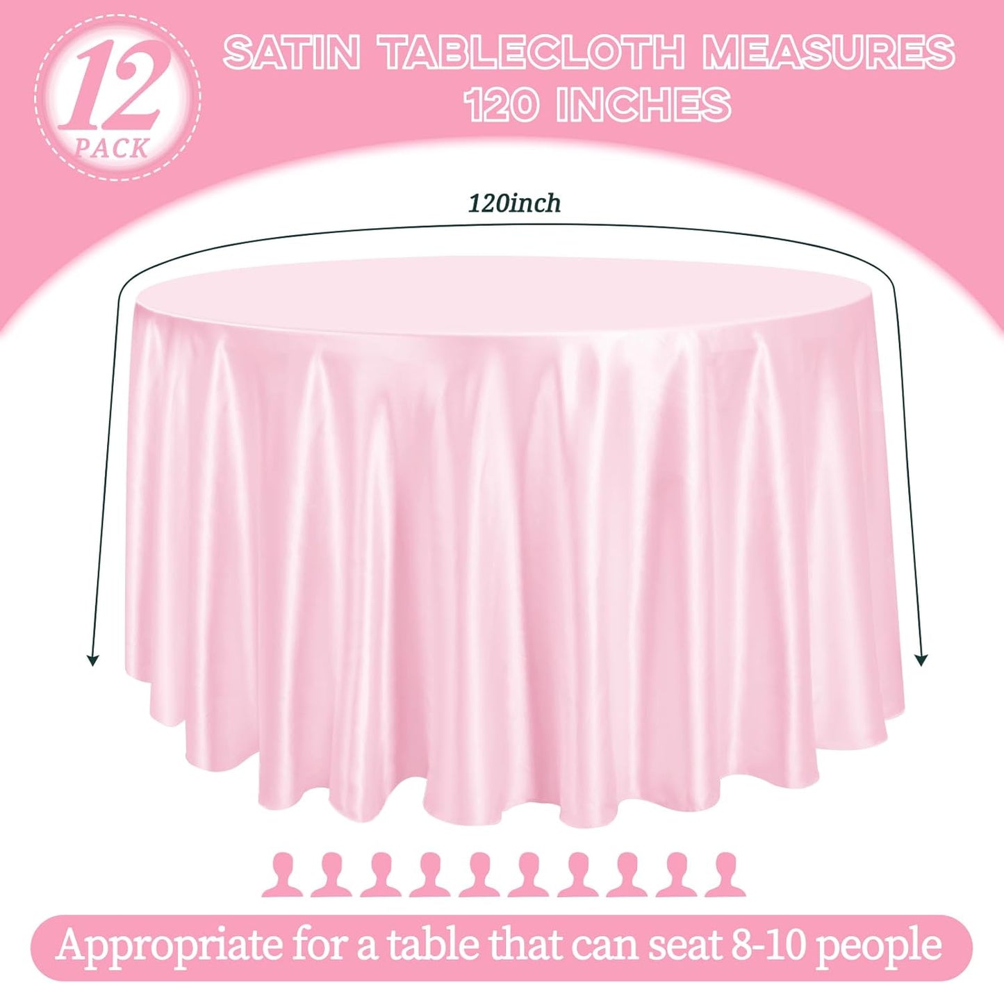 fani 12 Pack 120 Inch Light Pink Satin Tablecloth - Silky Round Tablecloth Overlay Smooth Fabric Table Cover, Bright Table Decoration for Wedding Party Banquet Events Restaurant Kitchen Dining