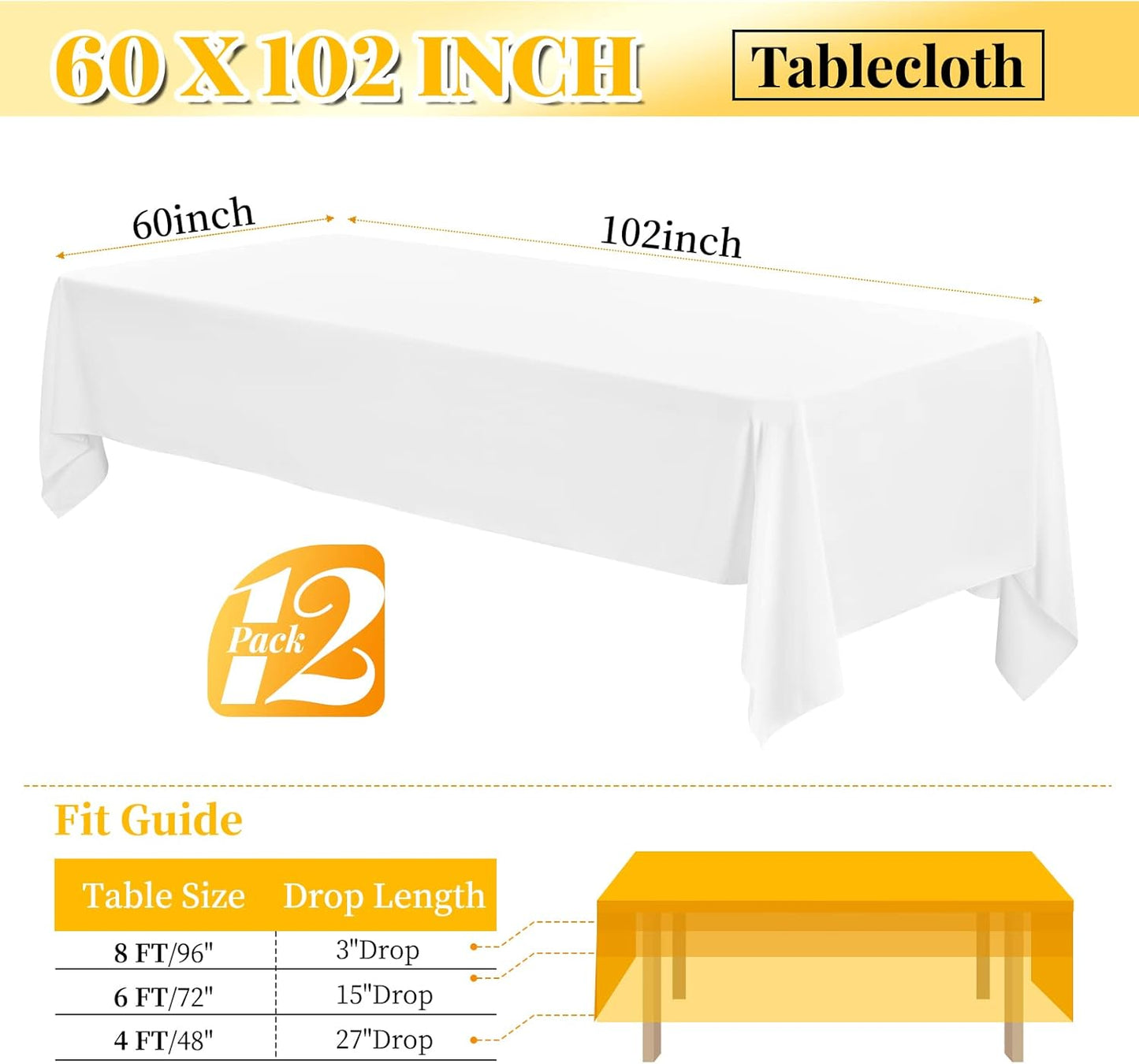 12 Pack 60 x 102 Inch Rectangle Tablecloth, White Tablecloth for 6 Feet Rectangle Tables,Polyester Tablecloth Washable Fabric Table Cloth for Wedding Dining Table Buffet Parties Camping