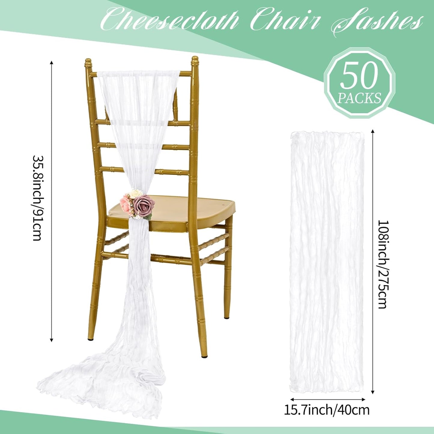 50 PCS Cheesecloth Chair Sashes, Bows Designed ChairSashes, 15.7x108 inch Chair Sashes for Aisle Decorations Universal Chairs Cover Decoration for Wedding Reception Party Banquet (White)
