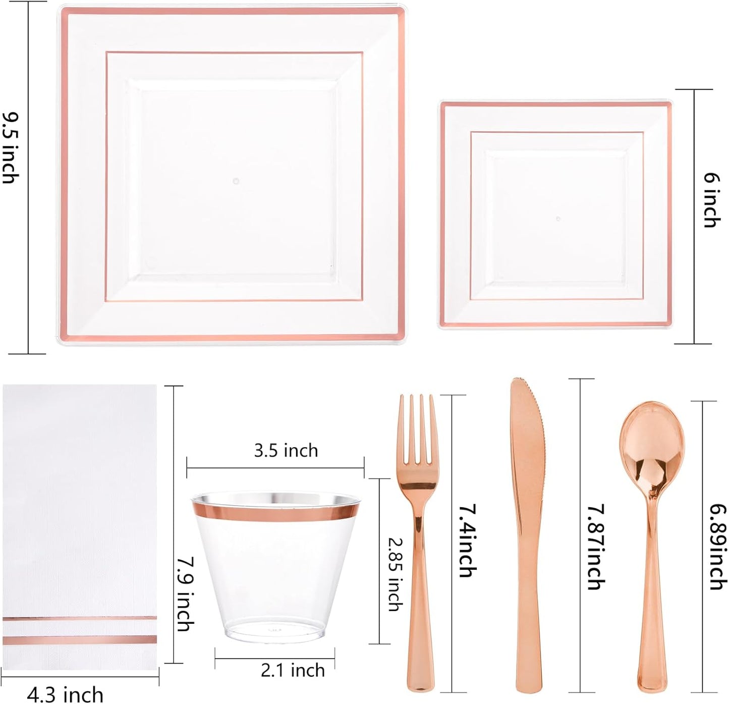 Festiva 350Pcs Rose Gold Plastic Plates - Clear Rose Gold Disposable Dinnerware Sets for 50Guests include 100 Plates 50 Cups 50Plastic Cutlery 50Napkins Perfect for Party&Wedding&Mother's Day
