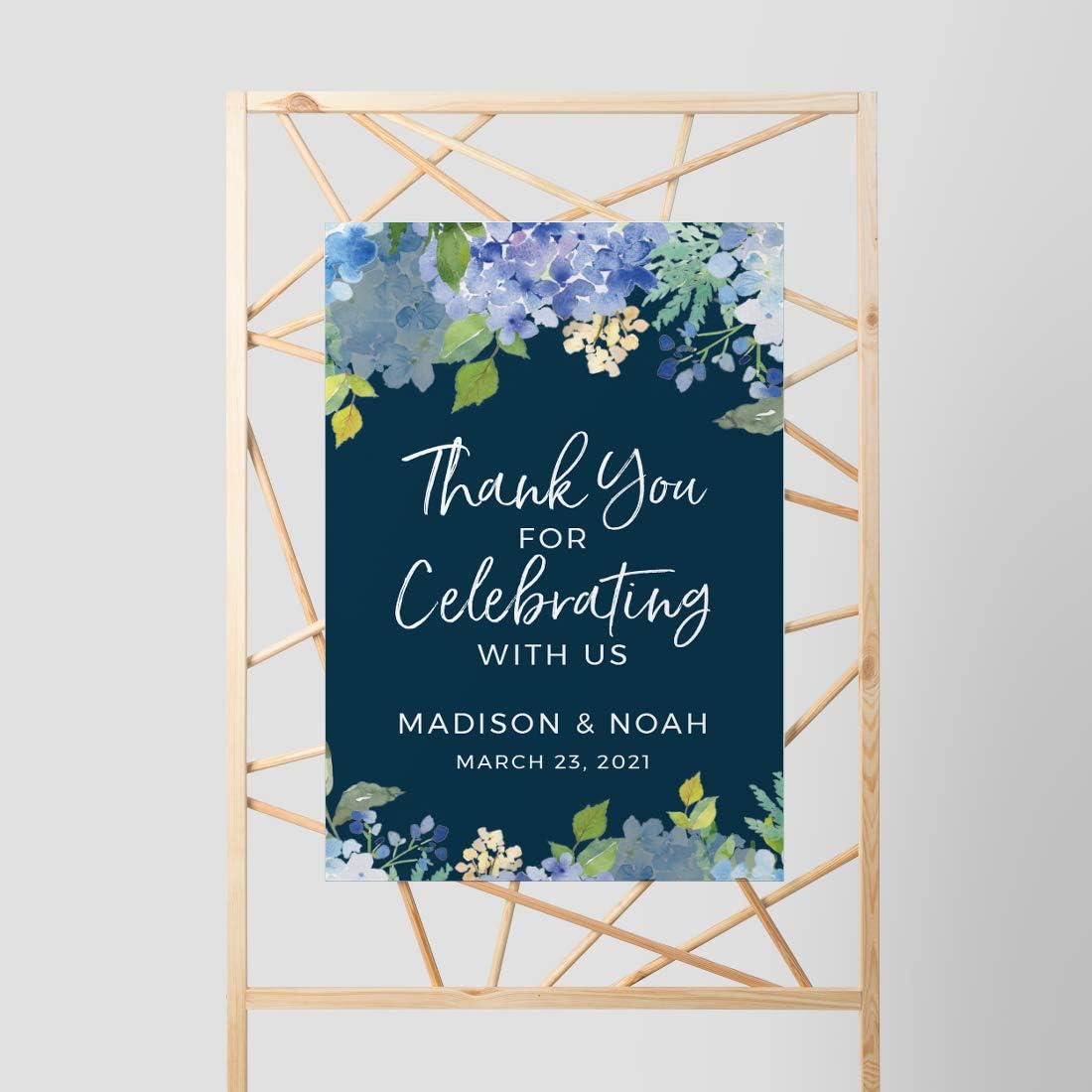 Andaz Press Personalized Extra Large Wedding Easel Board Party Sign, 12x18-inch, Baby Blue Hydrangea Floral Flowers on Navy, Thank You for Celebrating With Us Bride Groom Name Date, 1-Pack, Custom