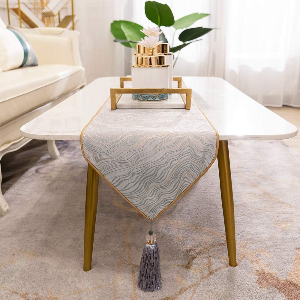 Avigers 12 x 108 Inch Decorative Luxury Abstract Striped Silver Gray Table Runners with Tassels for Home Living Room Bedroom Art Decor Wedding